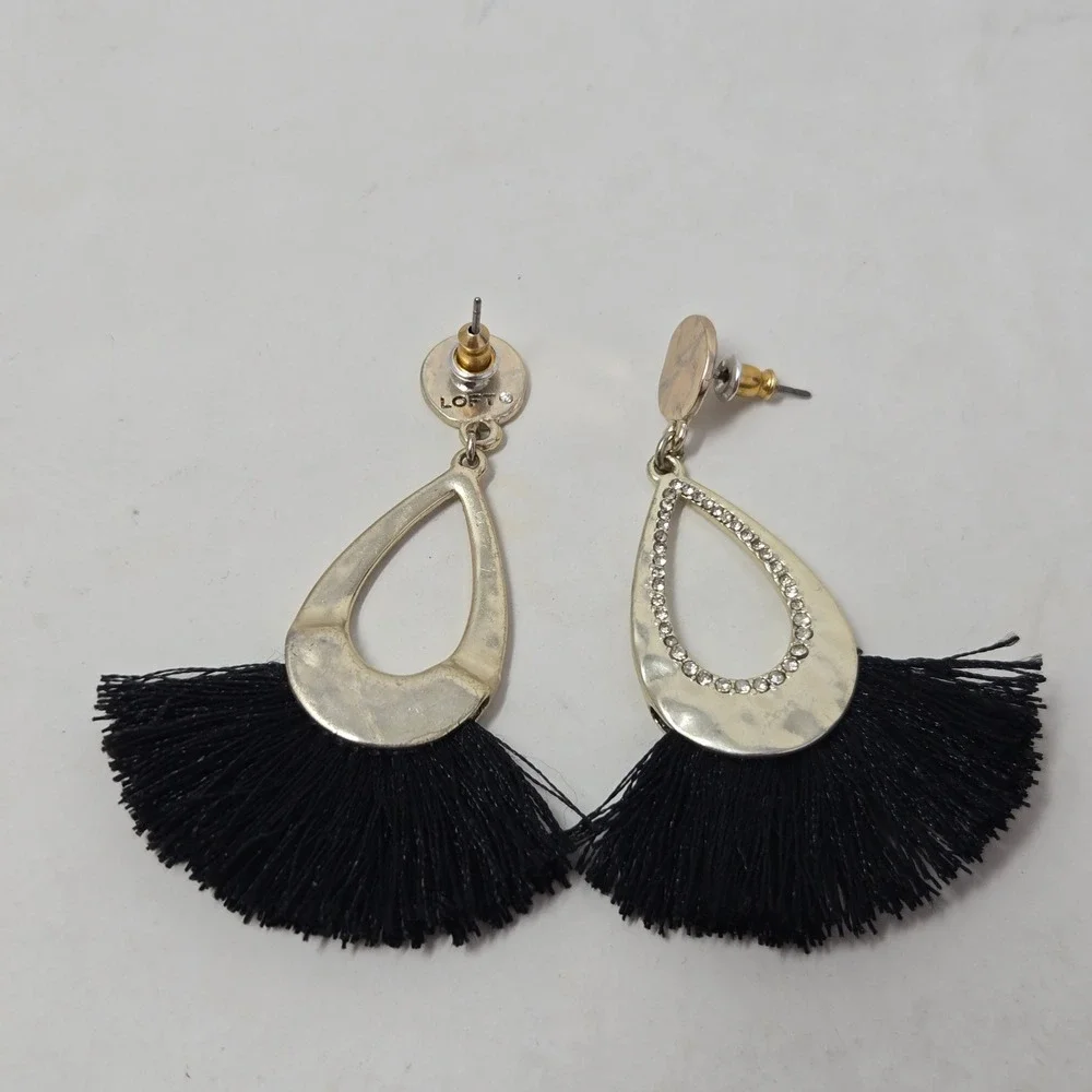 Loft Gold Tone Crystal Pave Teardrop‎ Black Fan Tassel Drop Earrings